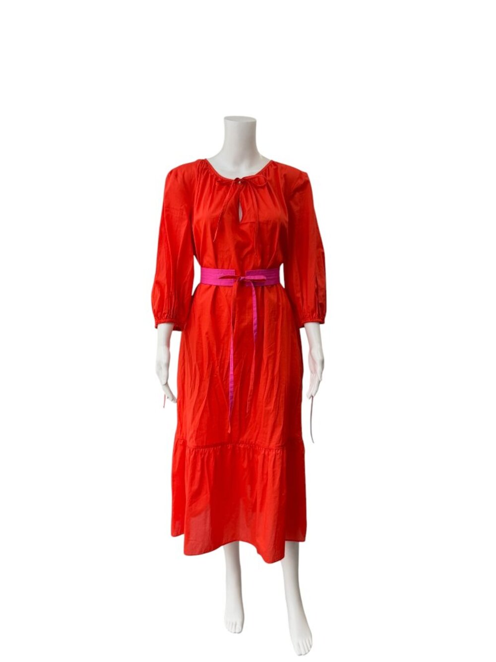 $595 M.D.S. Stripe Red Rust Belted Midi Cotton Dress size 4